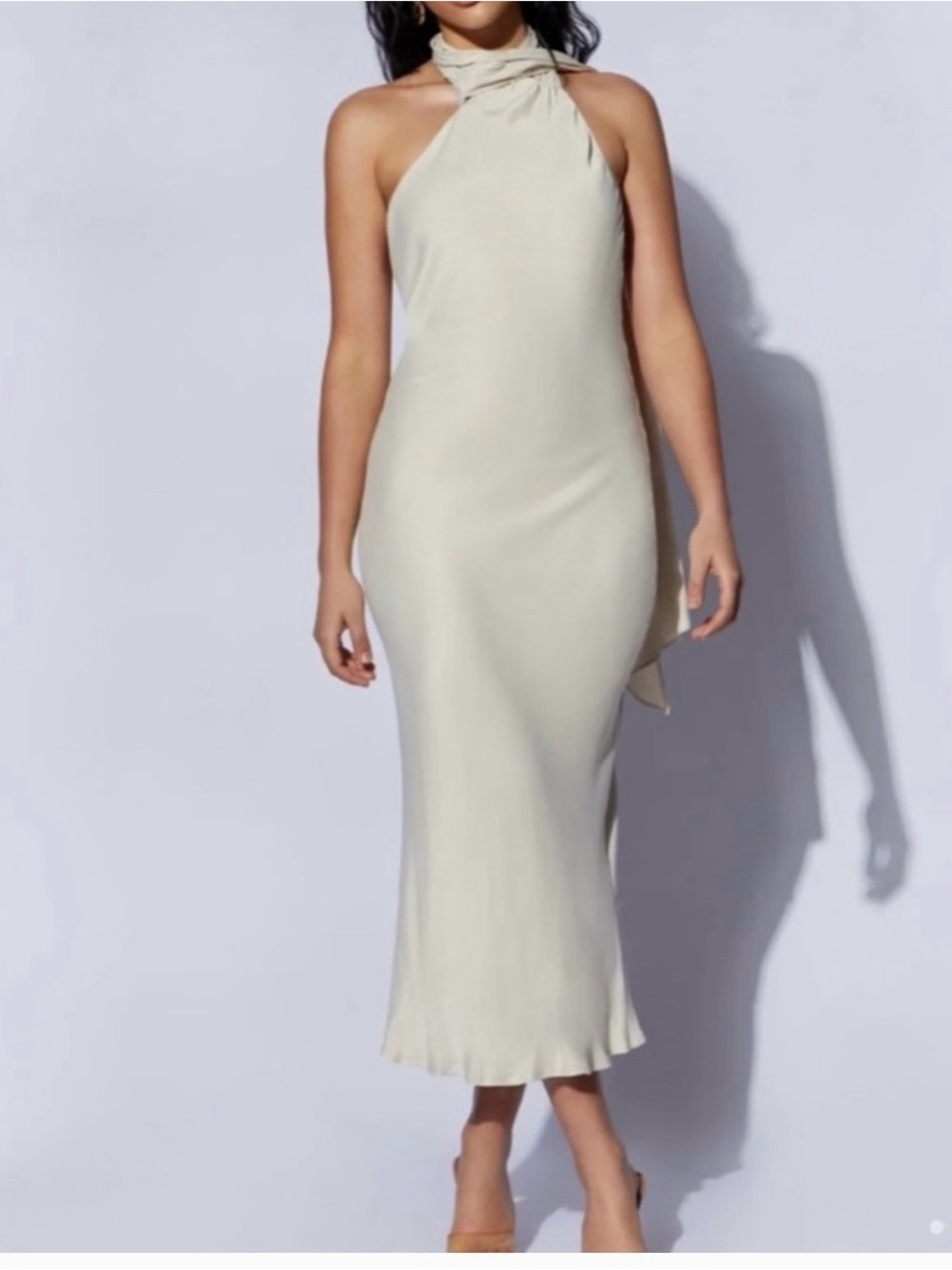 Meshki Astrella Neck Wrap Midi A Line Dress Cream Size S
